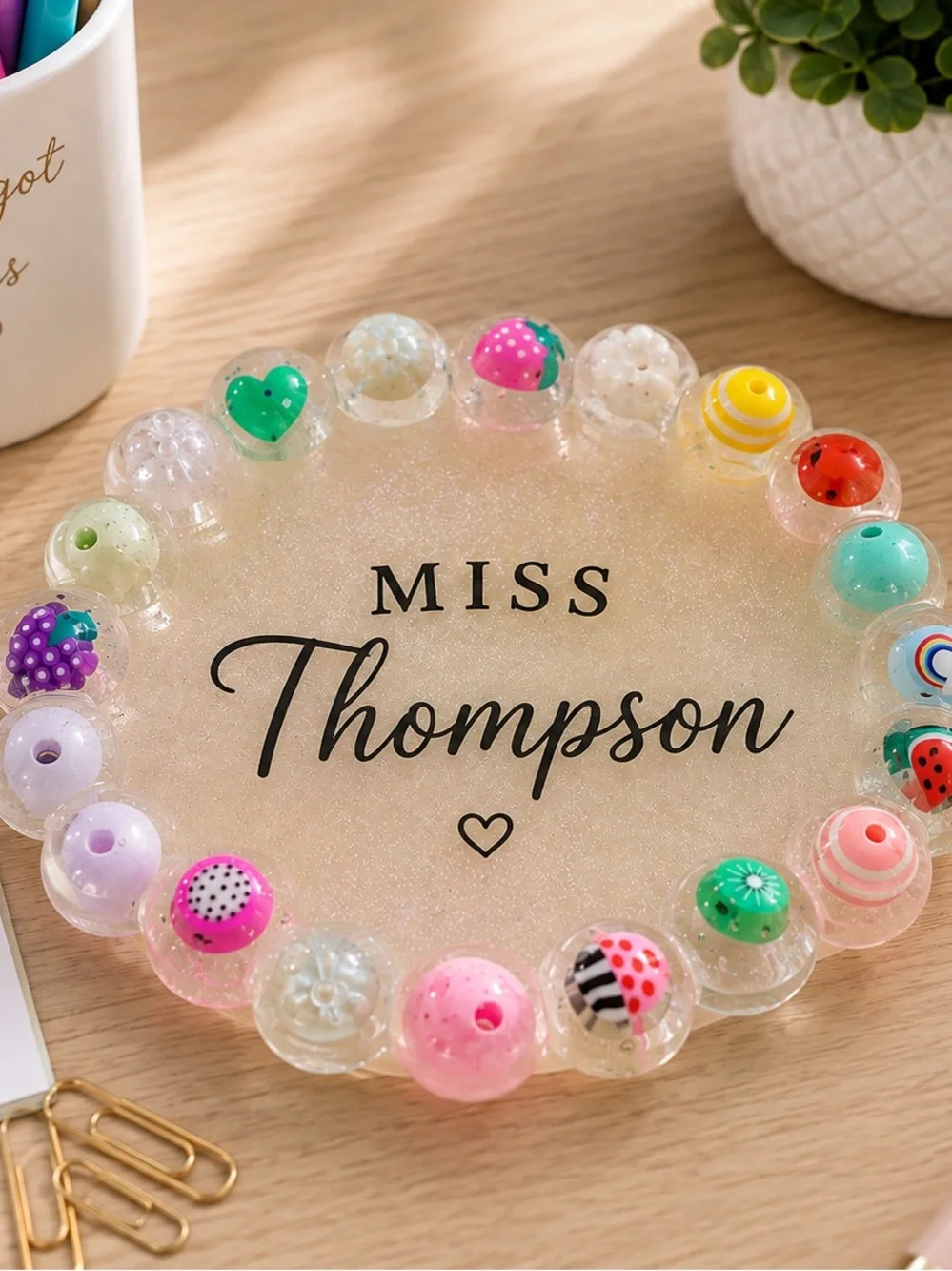 Personalized Glitter Pink Kids Name Bracelet - Pink Bead Accent